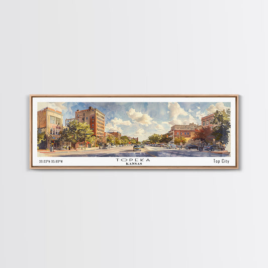 Topeka Kansas Panoramic Wall Art, Framed Canvas Print, Vintage Style Travel Poster, Home Decor, Artistic Office Piece, Unique Gift Idea
