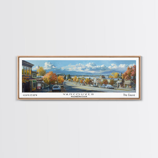 Vancouver Washington Panoramic Painting, Framed Canvas Print, Vintage Travel Poster, Artistic Wall Art, Unique Office Decor, Living Room Gift