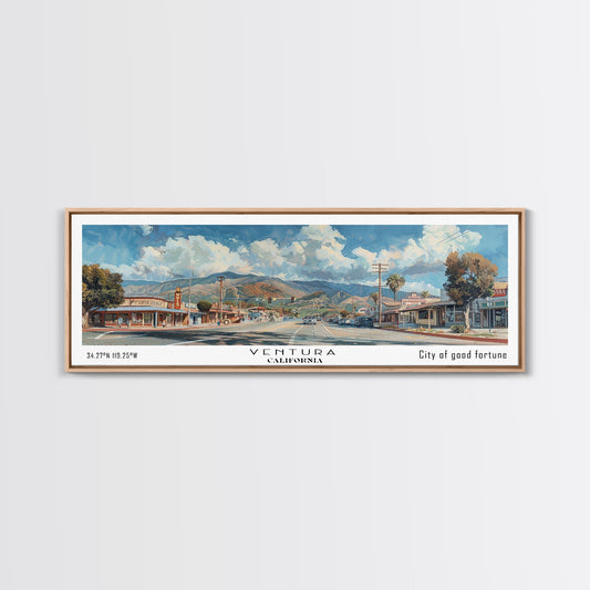 Ventura California Panoramic Painting, Framed Canvas Print, Artistic Travel Poster, Retro Wall Art, Unique Office Decor, Living Room Gift