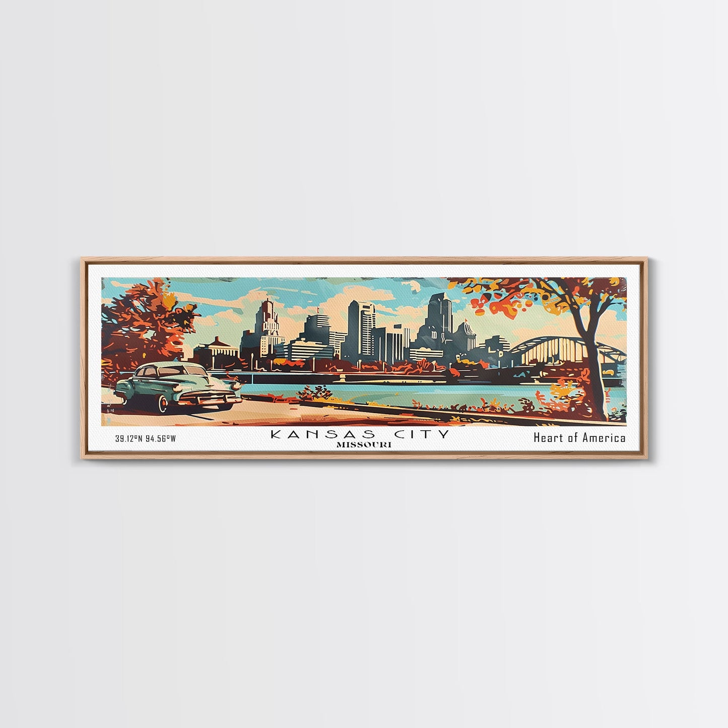 Kansas City Missouri Panoramic Wall Art, Mid Century Modern Framed Canvas Print, Retro Pop Art Travel Poster, Home Decor, Office Art, Gift Idea, Wall Hanging