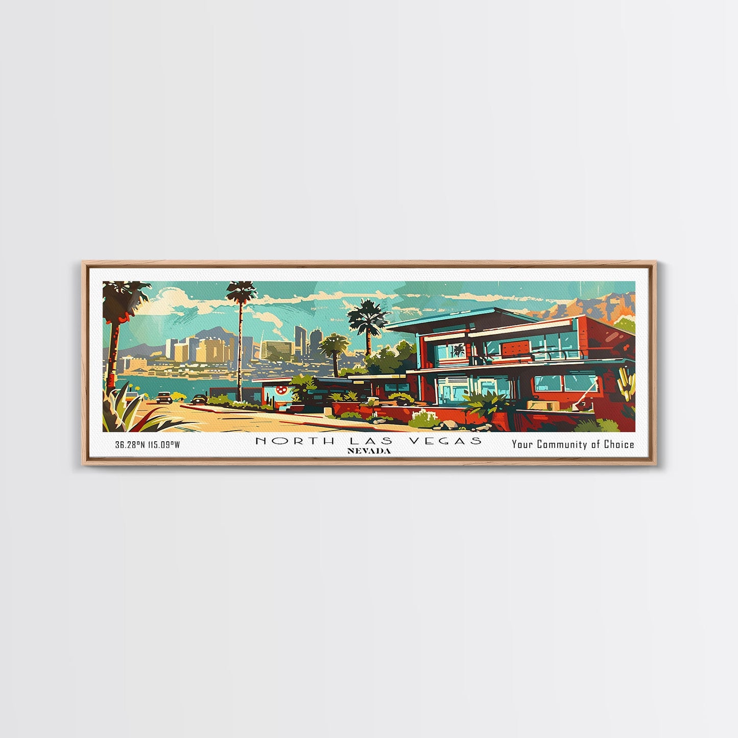 North Las Vegas Nevada Panoramic Wall Art, Mid Century Modern Framed Canvas Print, Retro Pop Art Travel Poster, Home Decor, Office Art, Gift Idea, Living Room Wall Hanging