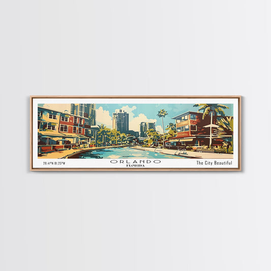 Orlando Florida Panoramic Wall Art, Mid Century Modern Framed Canvas Print, Retro Pop Art Travel Poster, Home Decor, Office Art, Gift Idea, Living Room Wall Hanging