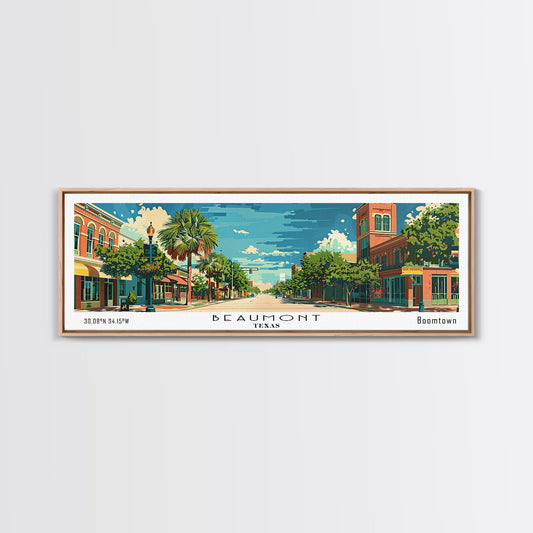 Beaumont Texas Panoramic Painting, Mid Century Modern Framed Canvas Print, Retro Pop Art Travel Poster, Living Room Wall Art, City Print