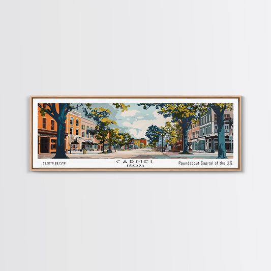 Carmel Indiana Panoramic Painting, Mid Century Modern Framed Canvas Print, Retro Pop Art Travel Poster, Home Decor, City Art