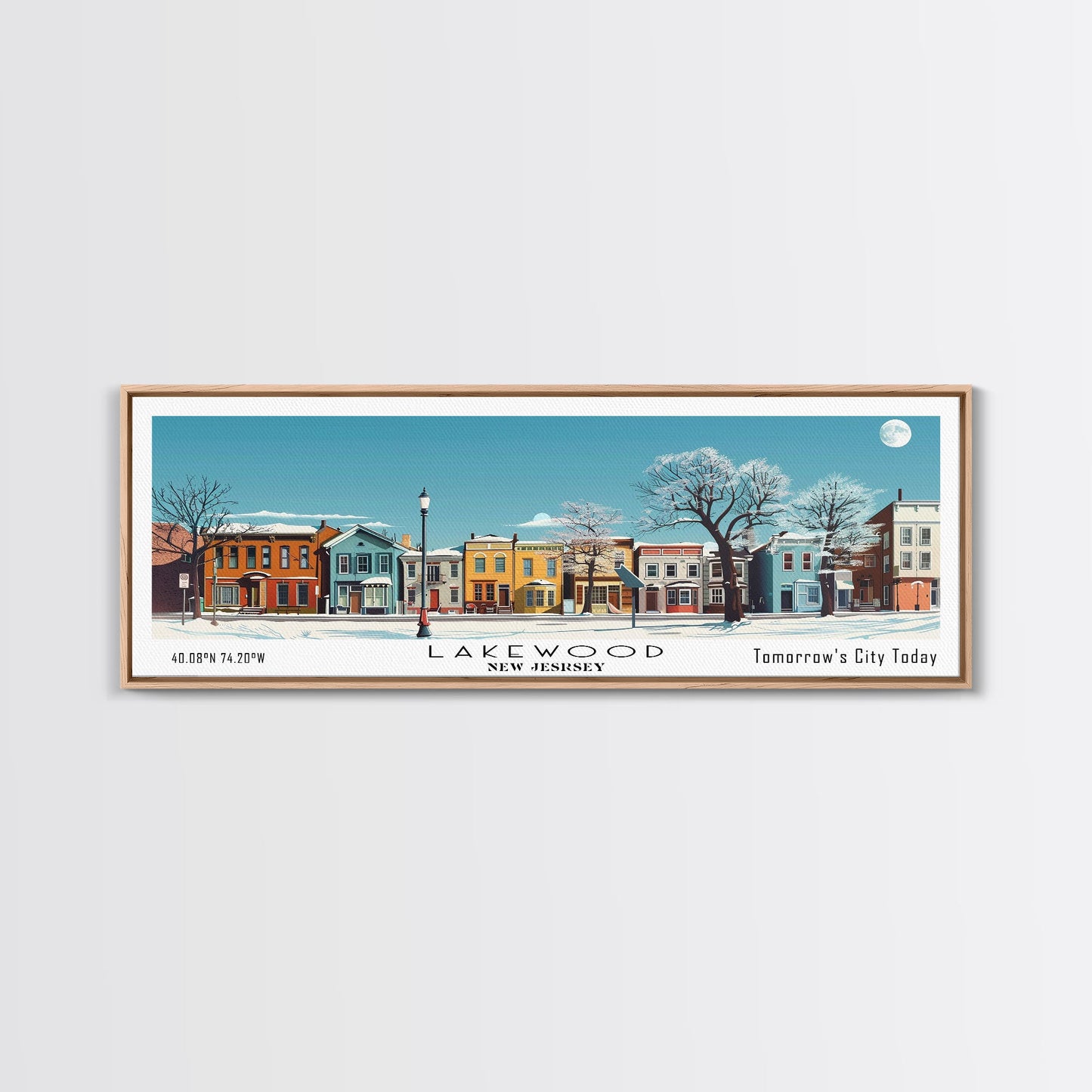 Lakewood New Jersey Panoramic Wall Art, Mid Century Modern Framed Canvas Print, Retro Pop Art Travel Poster, Living Room Art