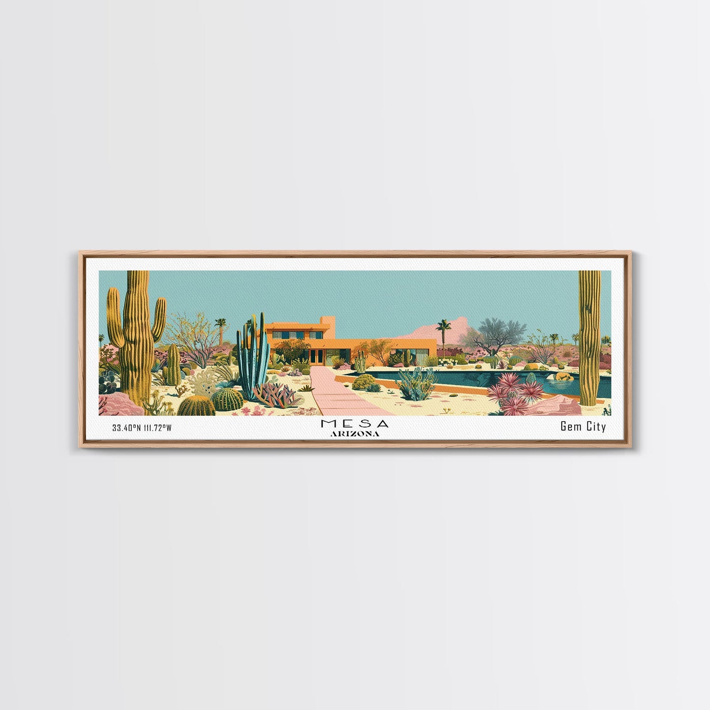 Mesa Arizona Panoramic Painting, Mid Century Modern Framed Canvas Print, Retro Pop Art Travel Poster, Office Wall Art