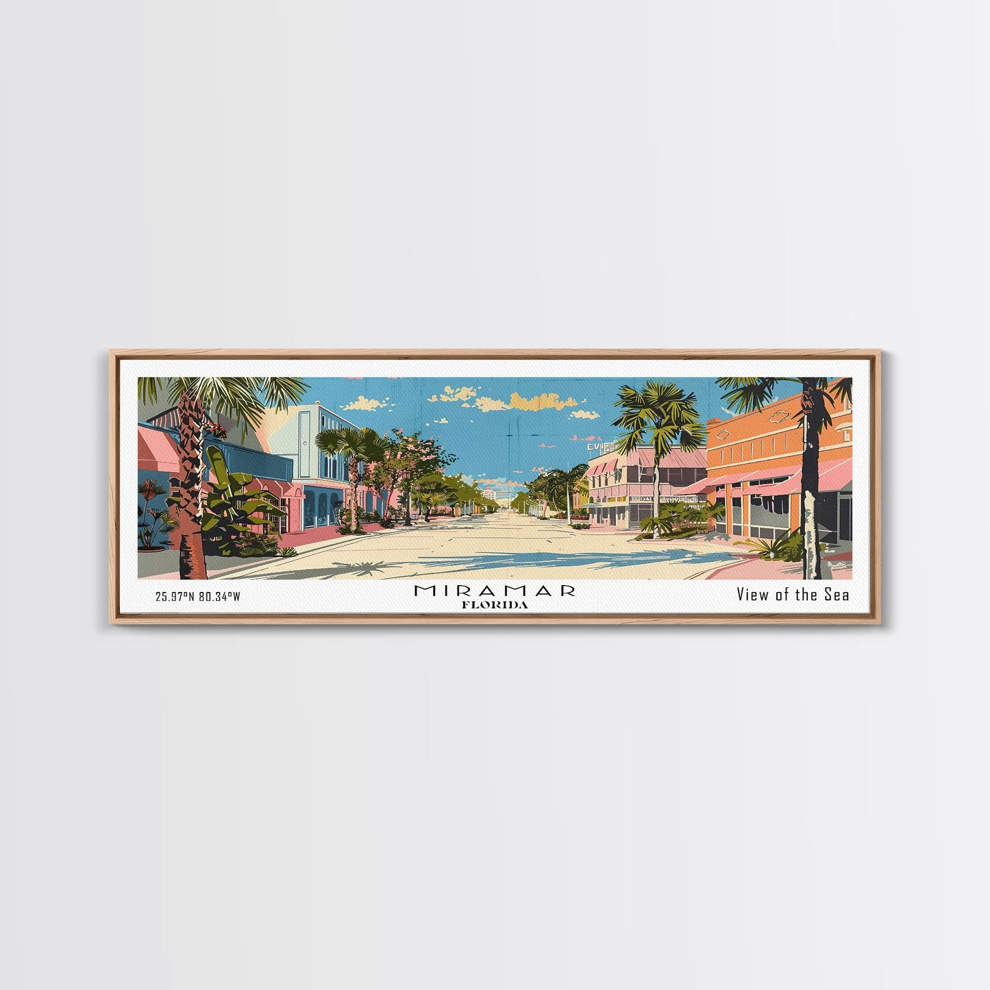 Miramar Florida Panoramic Painting, Mid Century Modern Framed Canvas Print, Retro Pop Art Travel Poster, Office Wall Art