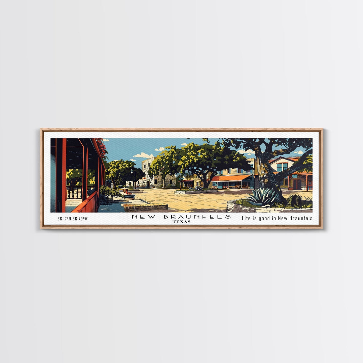 New Braunfels Texas Panoramic Painting, Mid Century Modern Framed Canvas Print, Retro Pop Art Travel Poster, Home Wall Art