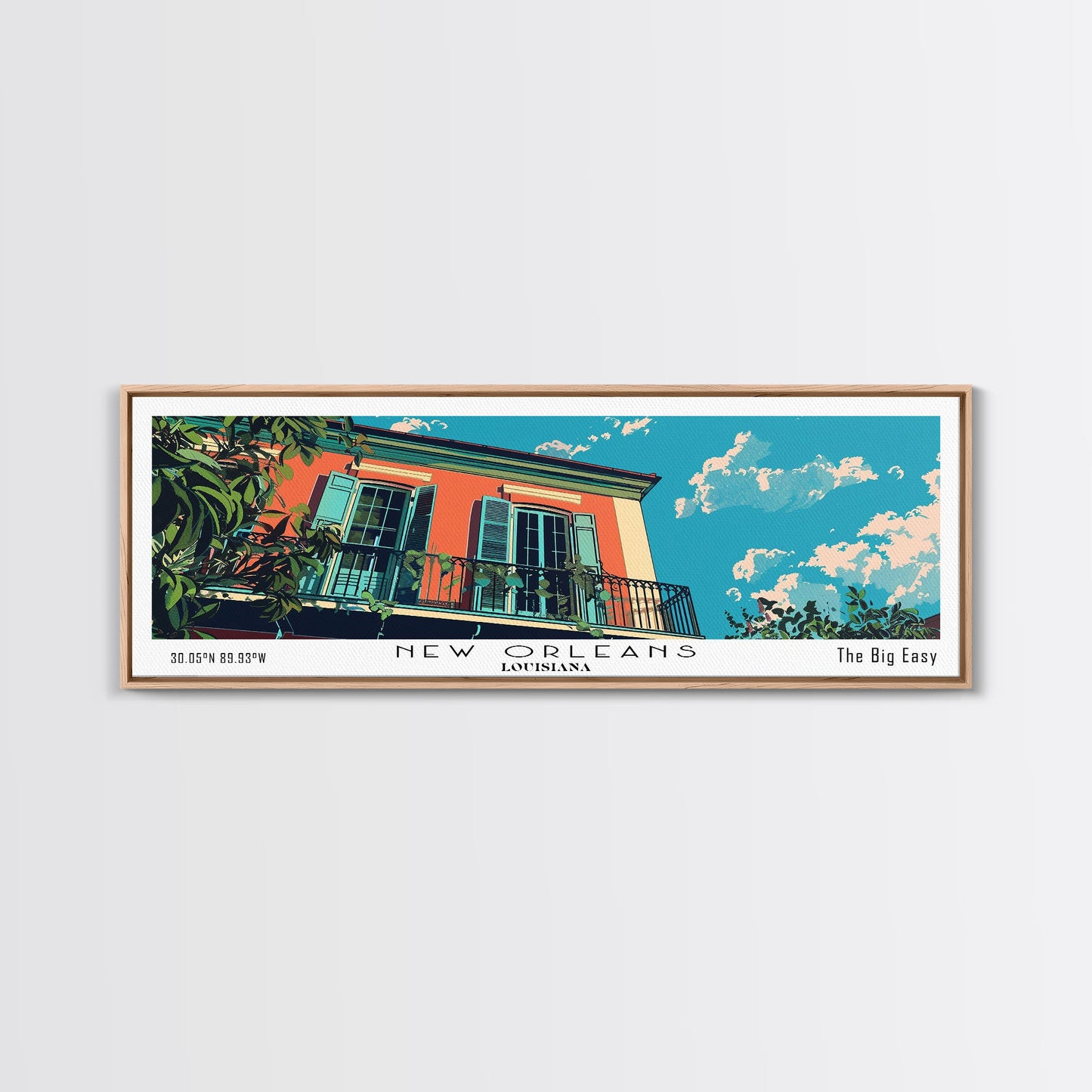 New Orleans Louisiana Panoramic Painting, Mid Century Modern Framed Canvas Print, Retro Pop Art Travel Poster, Office Decor