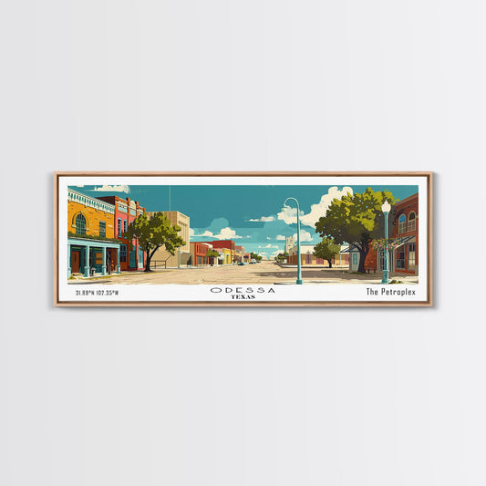Odessa Texas Panoramic Wall Art, Mid Century Modern Framed Canvas Print, Retro Pop Art Travel Poster, City Art, Office Wall Decor, Living Room Art