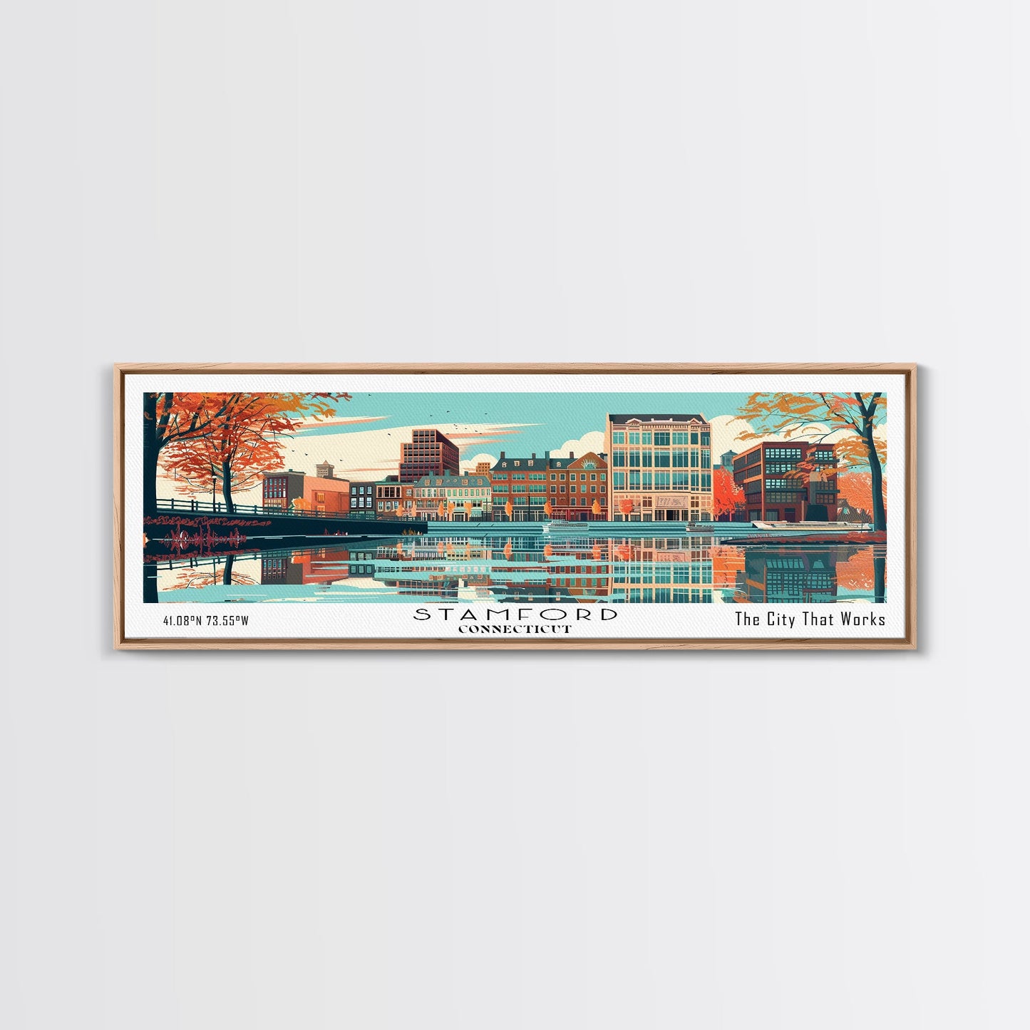 Stamford Connecticut Panoramic Painting, Mid Century Modern Framed Canvas Print, Retro Pop Art Travel Poster, Wall Hanging for Home Decor