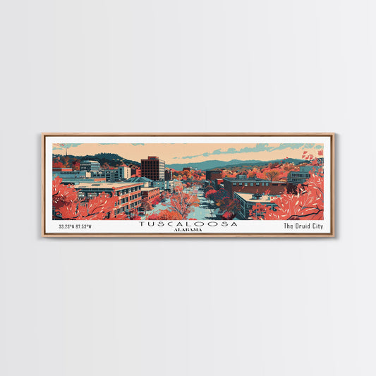 Tuscaloosa Alabama Panoramic Art, Mid Century Modern Framed Canvas Print, Retro Pop Art Travel Poster, Office Wall Art, Home Decoratio
