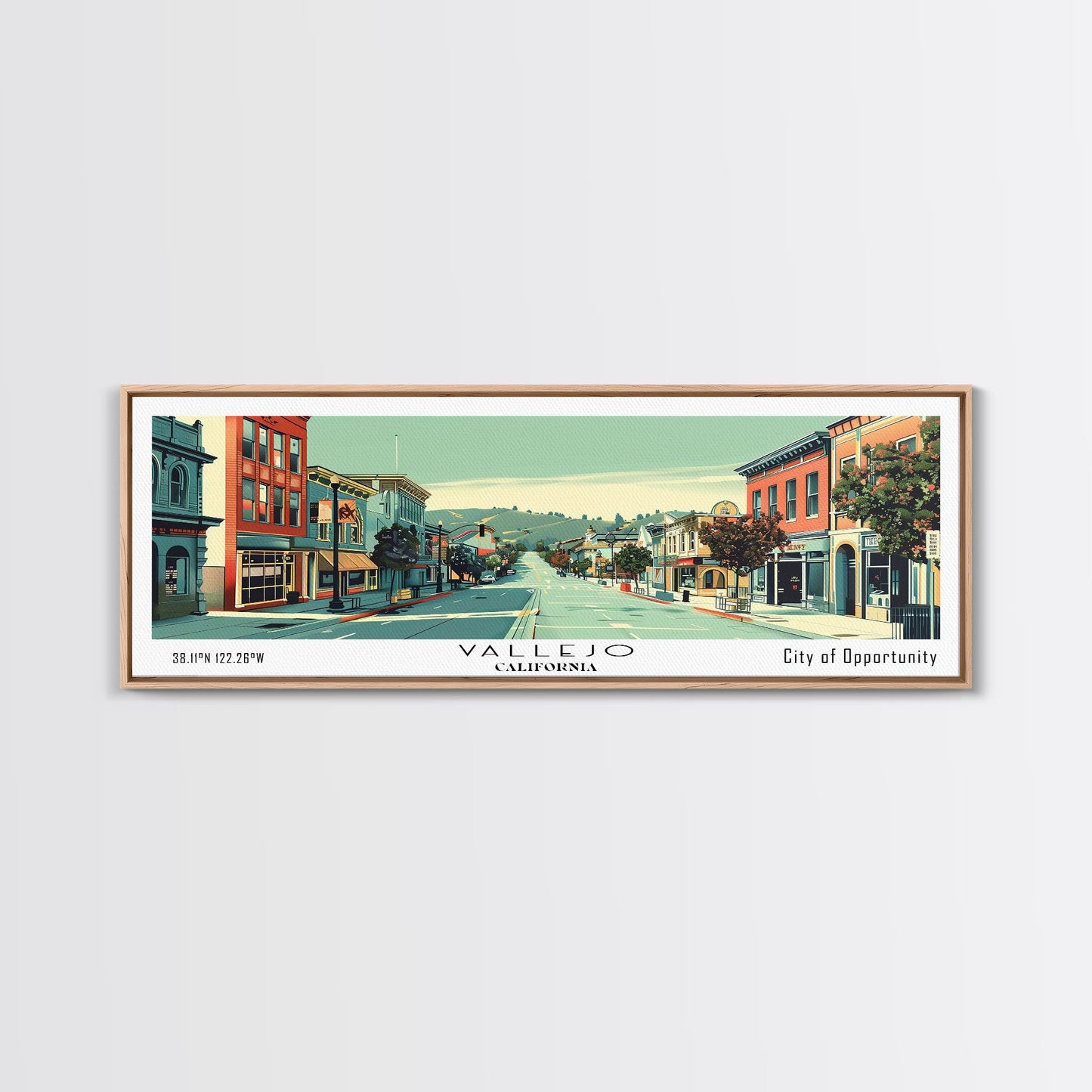 Vallejo California Panoramic Art, Mid Century Modern Framed Canvas Print, Retro Pop Art Travel Poster, City Print, Living Room Wall Decor