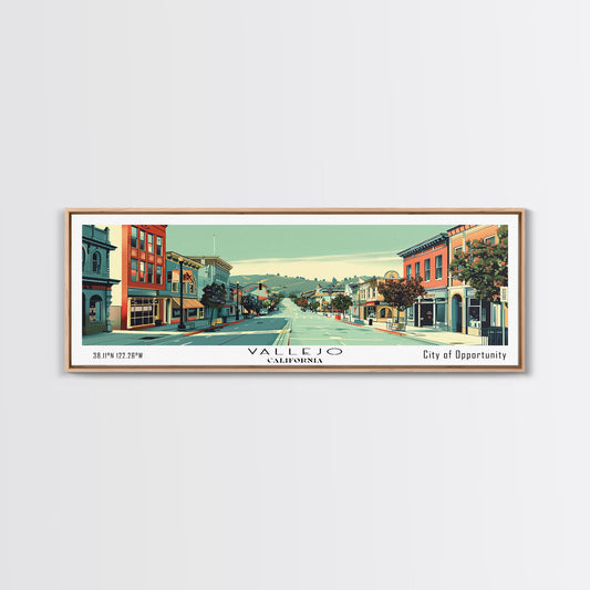 Vallejo California Panoramic Art, Mid Century Modern Framed Canvas Print, Retro Pop Art Travel Poster, City Print, Living Room Wall Decor