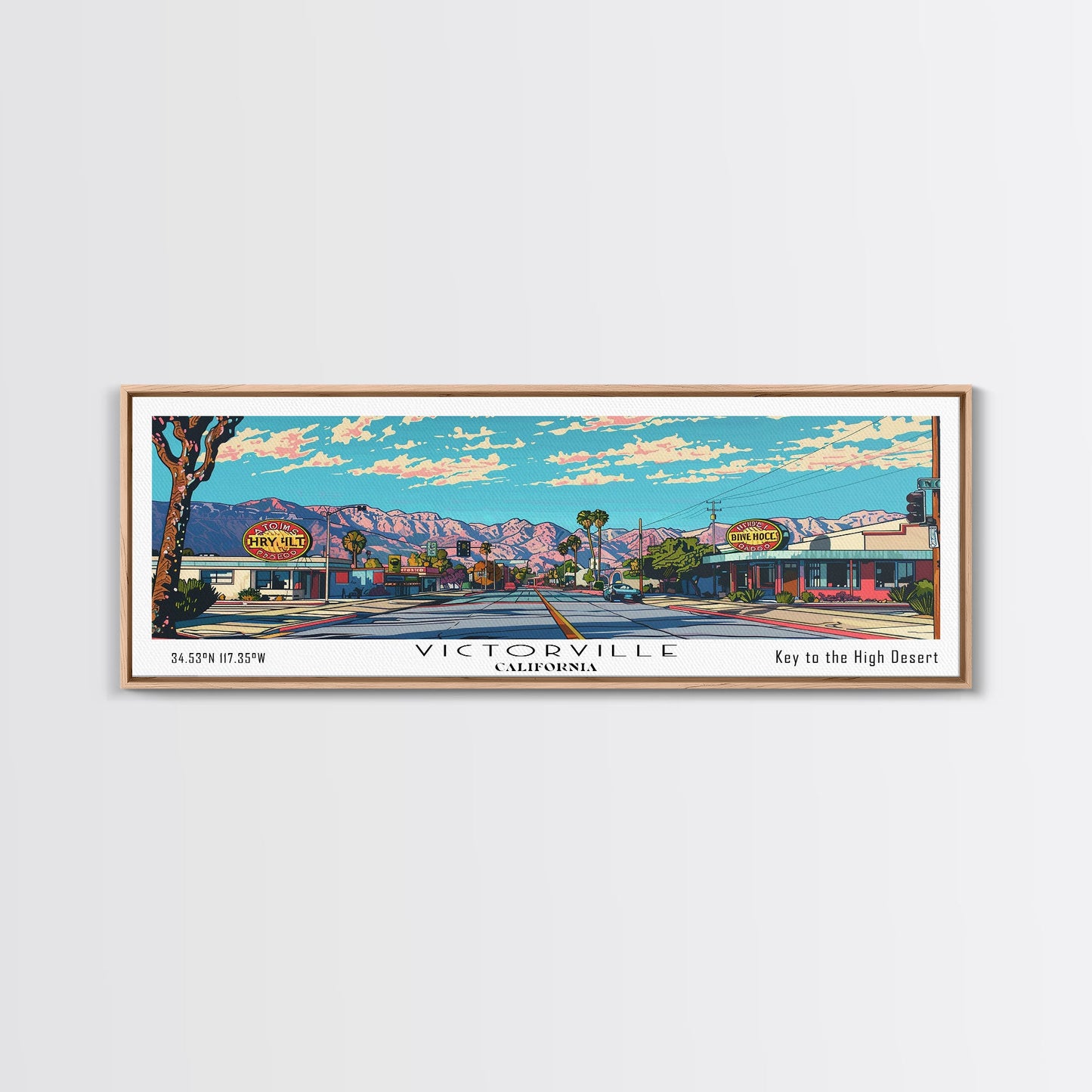 Victorville California Panoramic Wall Art, Mid Century Modern Framed Canvas Print, Retro Pop Art Travel Poster, City Art, Home Decoration