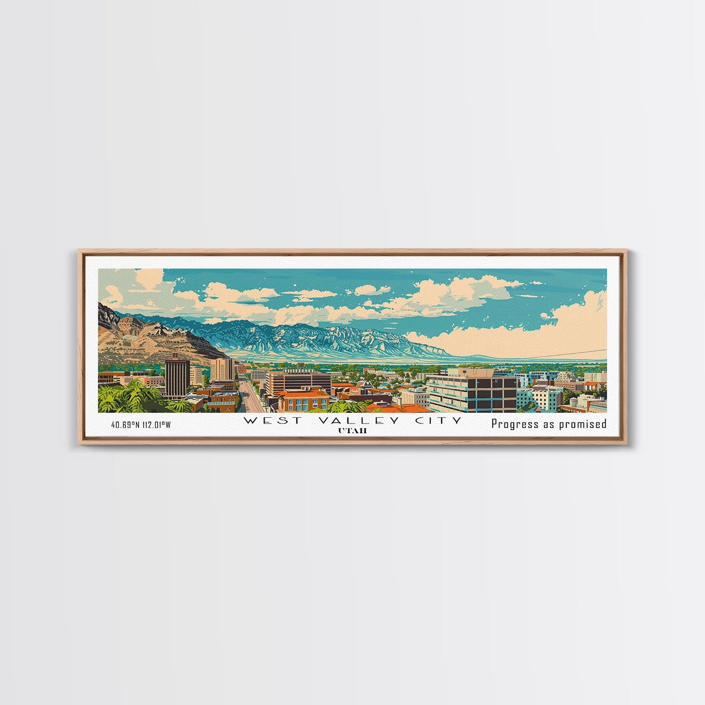 West Valley City Utah Panoramic Painting, Mid Century Modern Framed Canvas Print, Retro Pop Art Travel Poster, Office Wall Art, Home Decoration