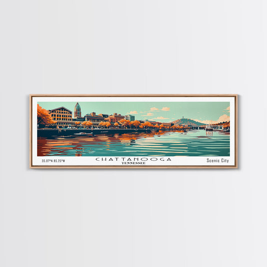 Chattanooga Tennessee Panoramic Painting, Framed Canvas Print, Mid Century Modern Wall Art, Retro Pop Art Travel Poster, Office Decor, City Art