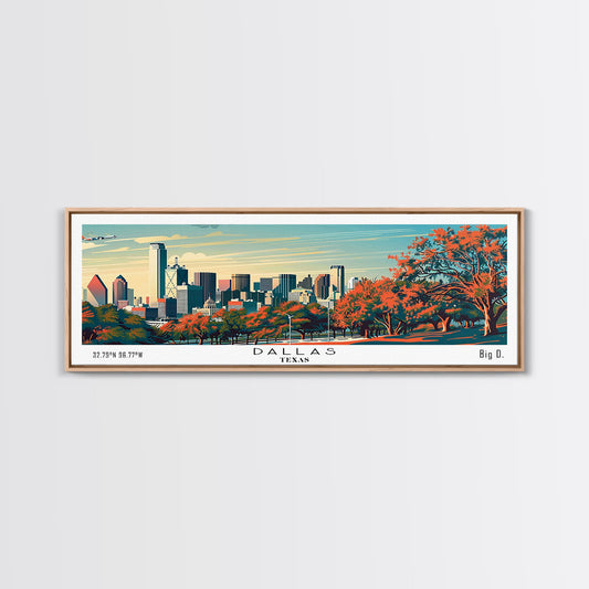Dallas Texas Panoramic Painting, Framed Canvas Print, Mid Century Modern Wall Art, Retro Pop Art Travel Poster, Home Decor, City Art