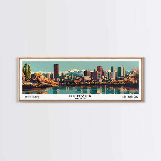 Denver Colorado Panoramic Painting, Framed Canvas Print, Mid Century Modern Wall Art, Retro Pop Art Travel Poster, Living Room Decor, City Art