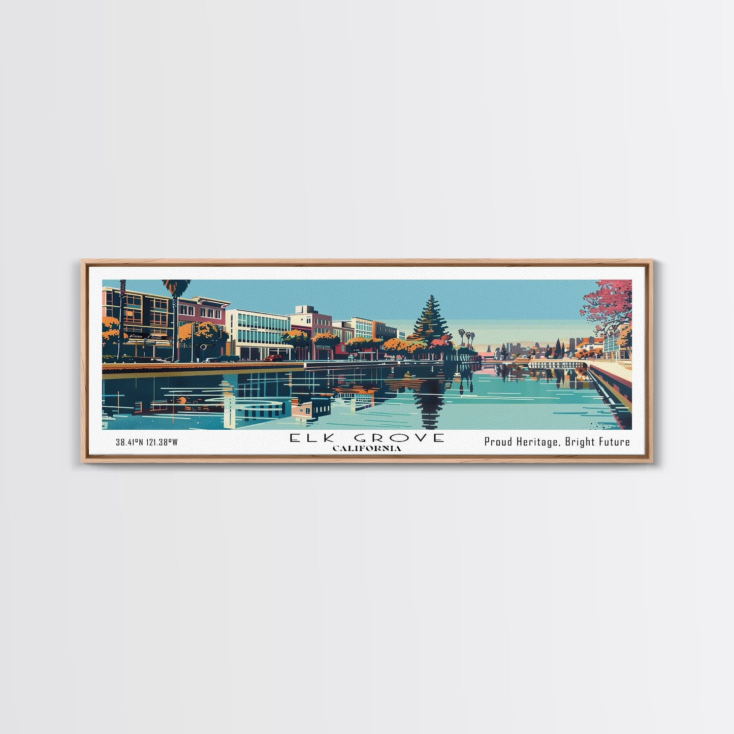 Elk Grove California Panoramic Painting, Framed Canvas Print, Mid Century Modern Wall Art, Retro Pop Art Travel Poster, Living Room Decor, City Art