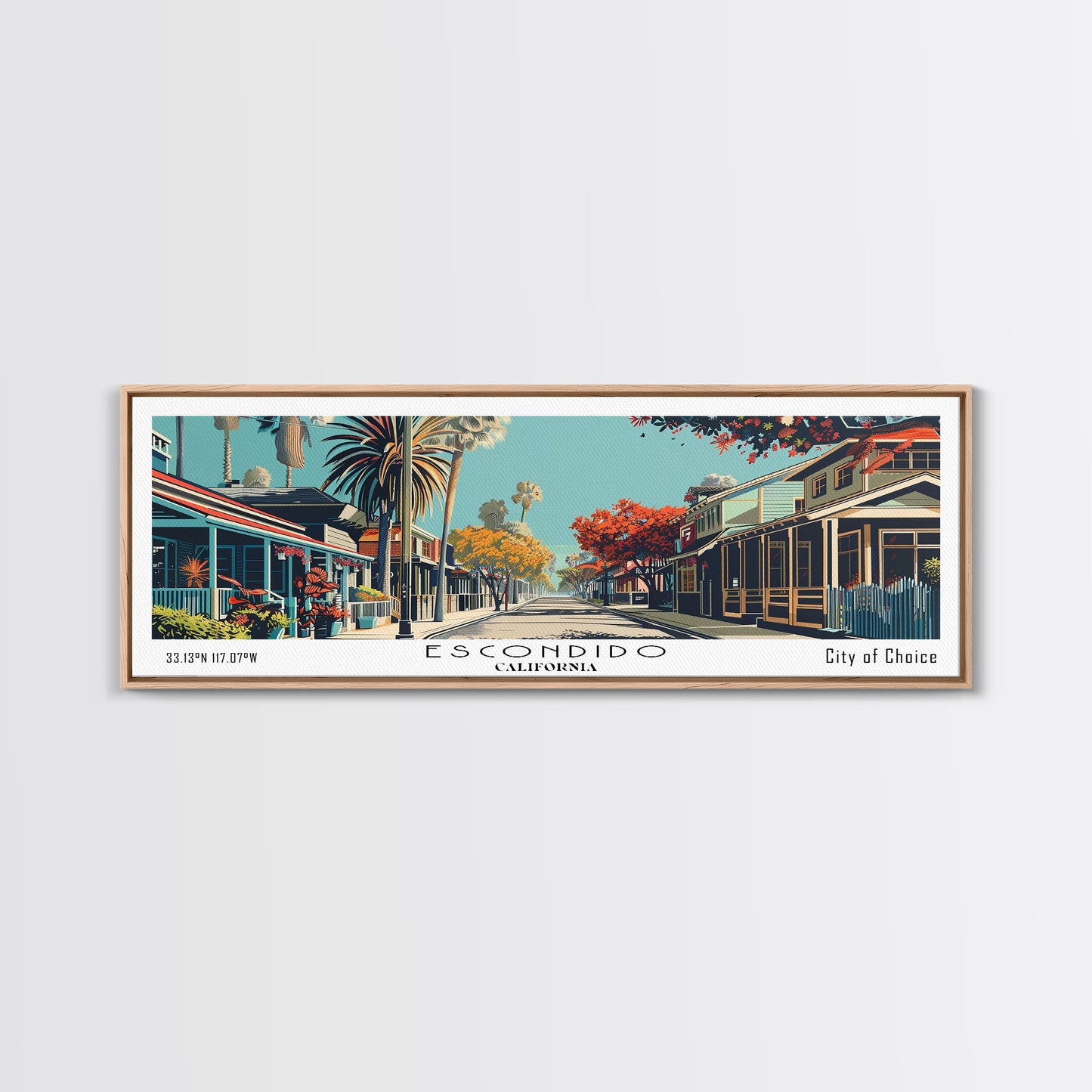 Escondido California Panoramic Painting, Framed Canvas Print, Mid Century Modern Wall Art, Retro Pop Art Travel Poster, Living Room Decor, City Art