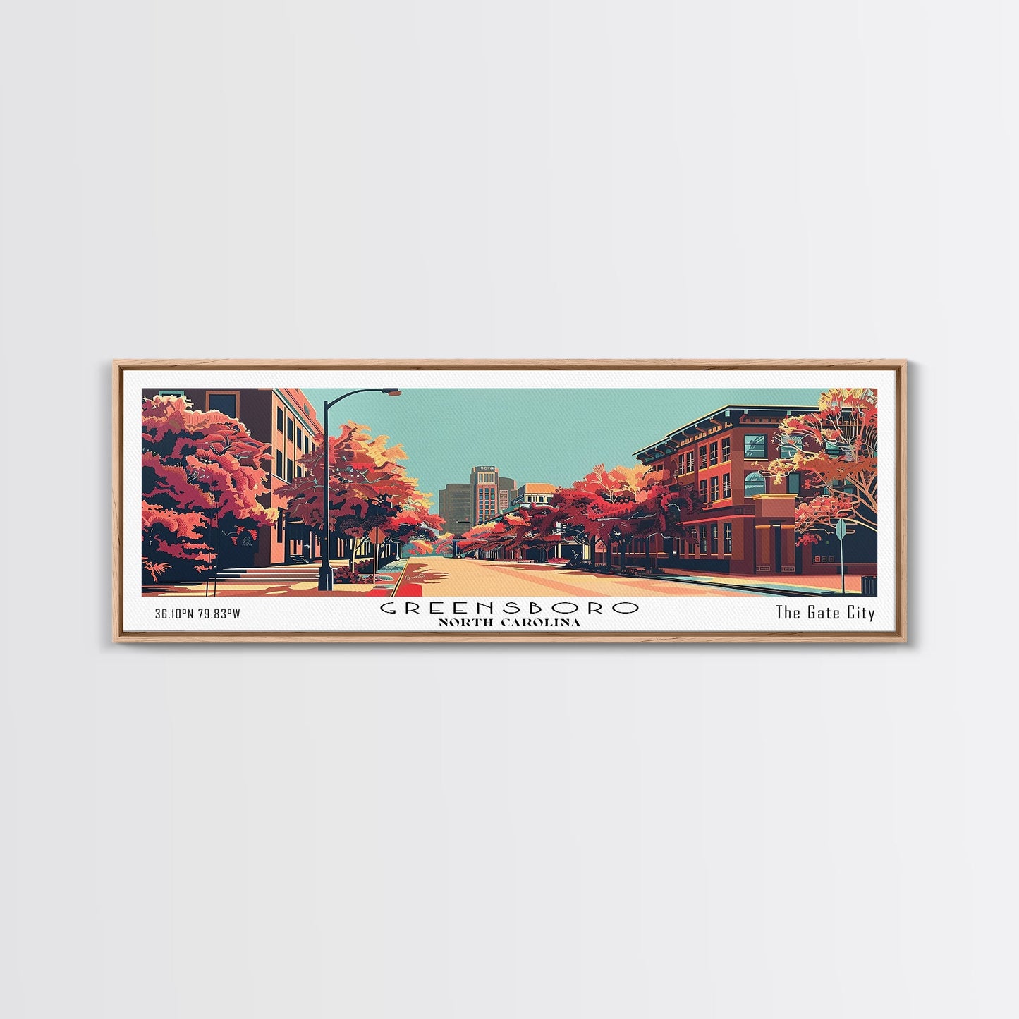 Greensboro North Carolina Panoramic Wall Art, Mid Century Modern Framed Canvas Print, Retro Pop Art Travel Poster, City Art, Living Room Decor, Home Office Decor