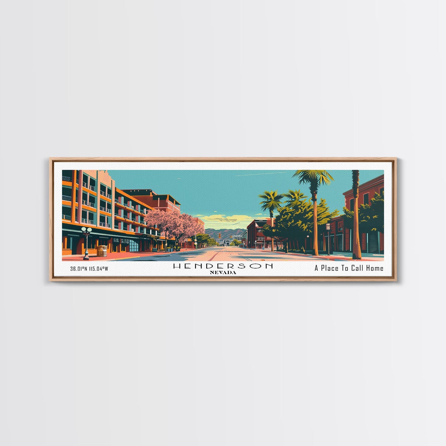 Henderson Nevada Panoramic Painting, Mid Century Modern Framed Canvas Print, City Art, Retro Pop Art Travel Poster, Living Room Decor, Home Office Art, Cityscape