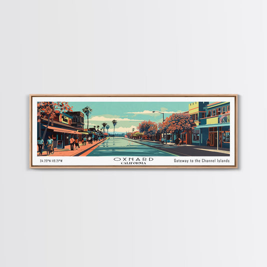 Oxnard California Panoramic Painting, Mid Century Modern Framed Canvas Print, Retro Pop Art Travel Poster, Living Room Decor, City Art