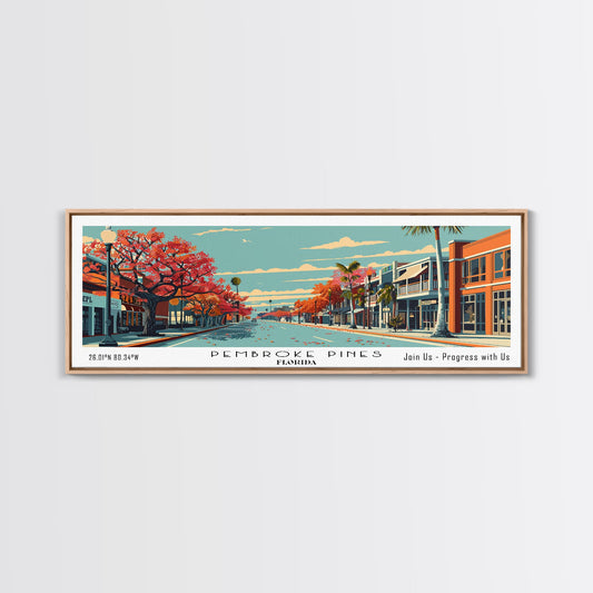 Pembroke Pines Florida Panoramic Wall Art, Mid Century Modern Framed Canvas Print, Retro Pop Art Travel Poster, Office Decor, Living Room Art