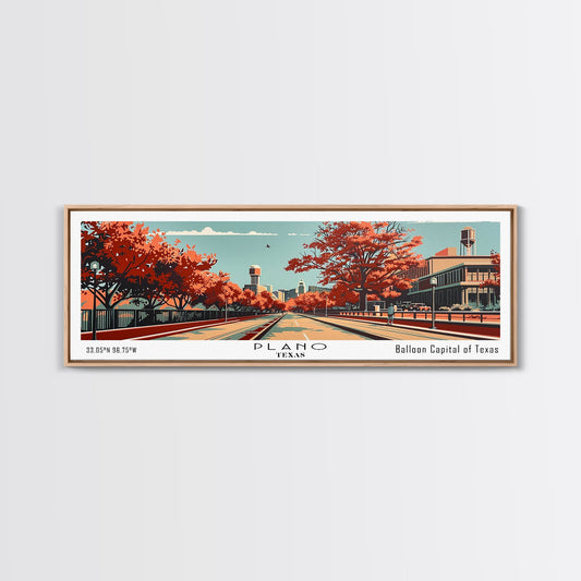 Plano Texas Panoramic Painting, Mid Century Modern Framed Canvas Print, Retro Pop Art Travel Poster, Living Room Decor, City Art