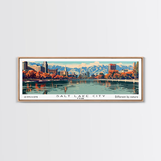 Salt Lake City Utah Panoramic Wall Art, Mid Century Modern Framed Canvas Print, Retro Pop Art Cityscape, Travel Poster, Living Room Decor