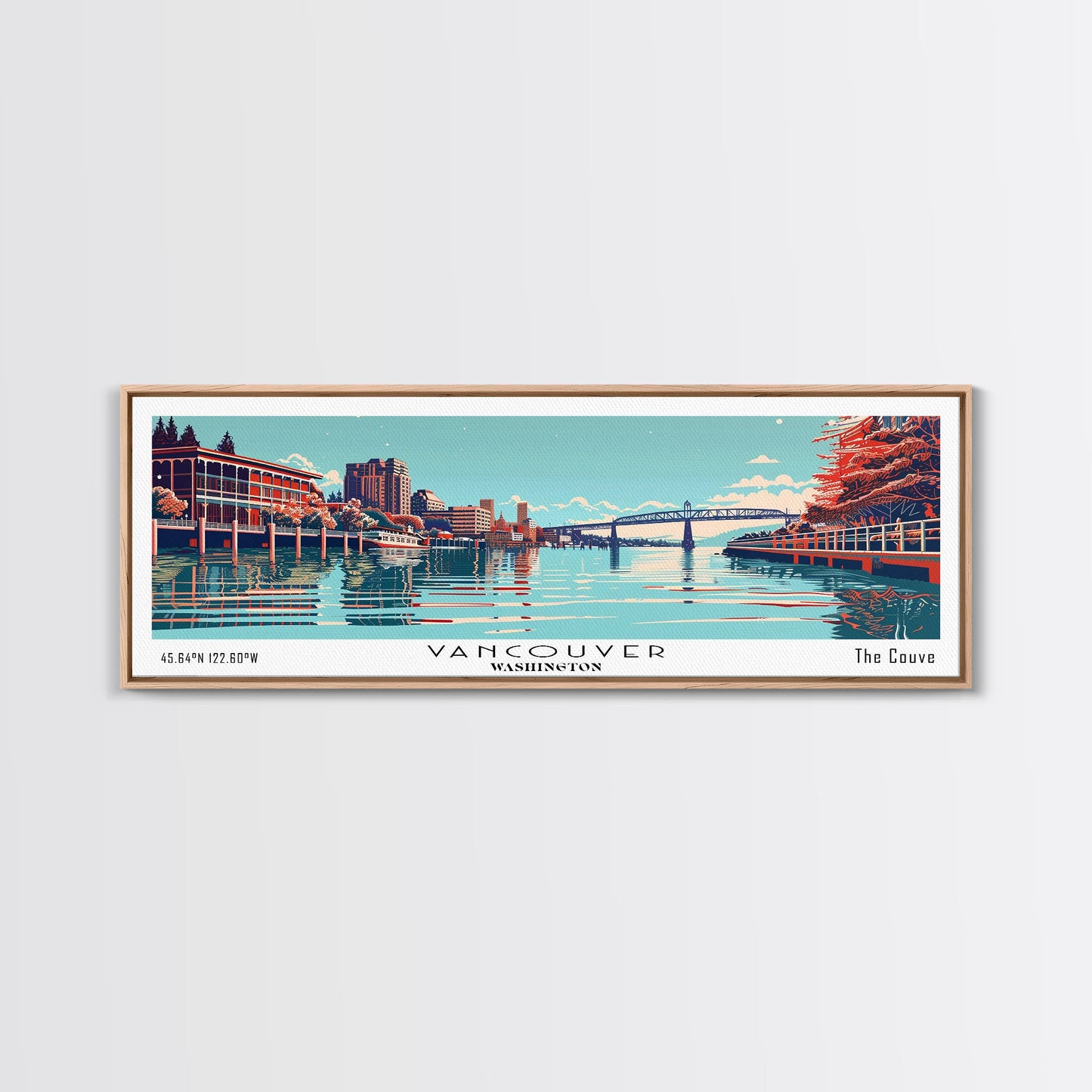 Vancouver Washington Panoramic Cityscape, Mid Century Modern Framed Canvas Print, Retro Pop Art Travel Poster, City Art Decor, Living Room Art