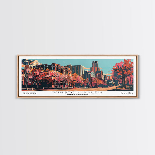 Winston-Salem North Carolina Panoramic Wall Art, Mid Century Modern Framed Canvas Print, Retro Pop Art Travel Poster, Cityscape Decor, Living Room Art