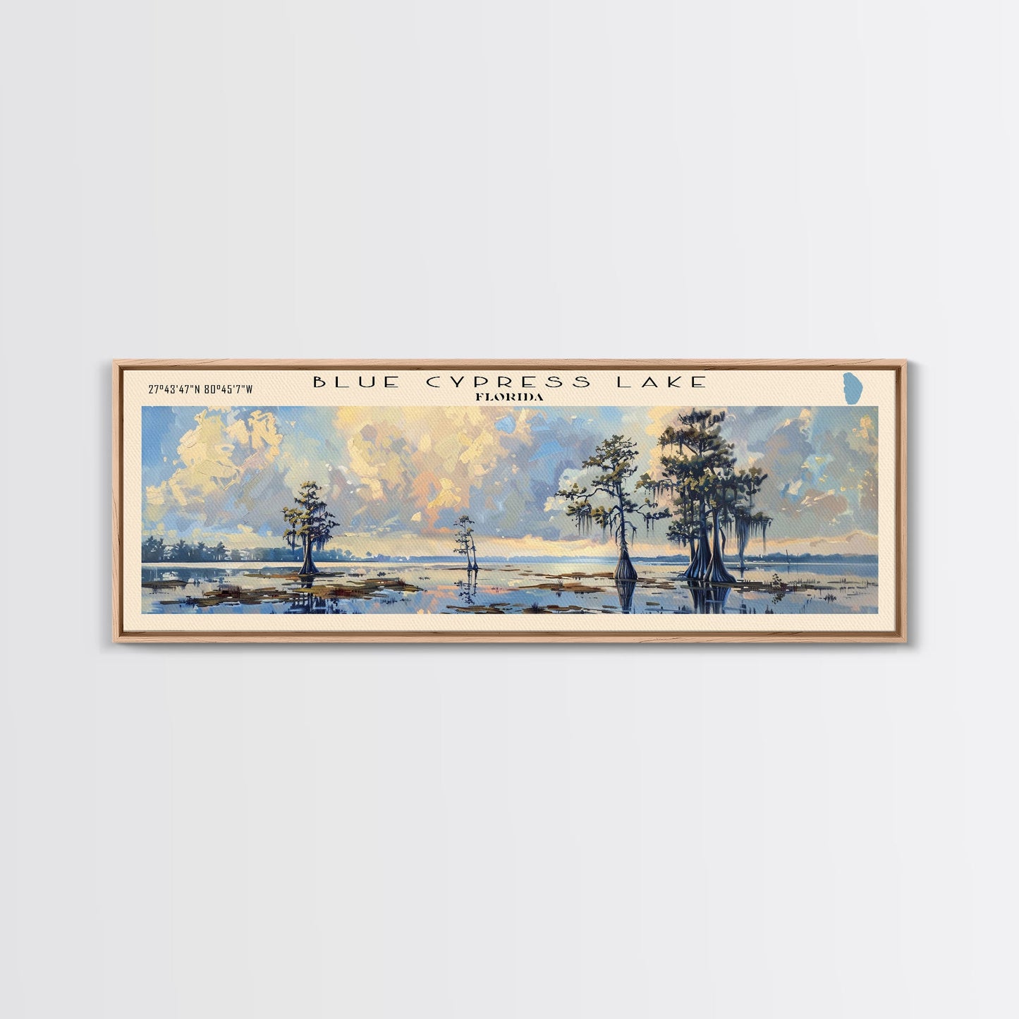 Blue Cypress Lake Florida Framed Canvas Print, Lake House Art, Panoramic Scenic View, Travel Poster, Modern Decor, Lake Painting