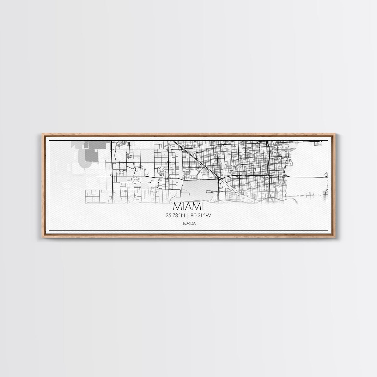 Panoramic Miami City Map, Florida Art, Map Print, Minimalist Wall Art, Canvas Art, Housewarming Gift, Street Map Art, Closing Gift