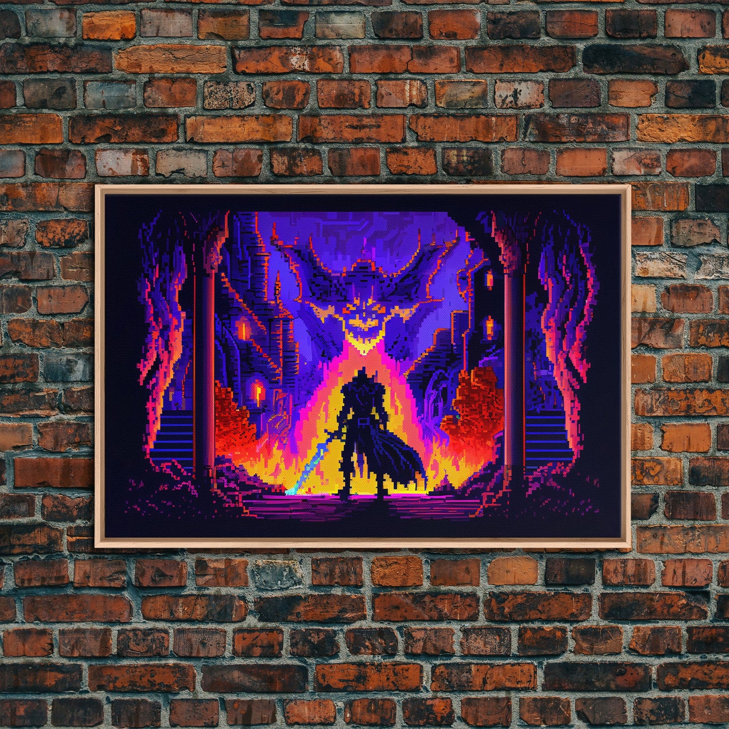 8 bit Pixel art, RPG video game concept art, Paladin faces the Dragon, synthwave style, framed canvas print