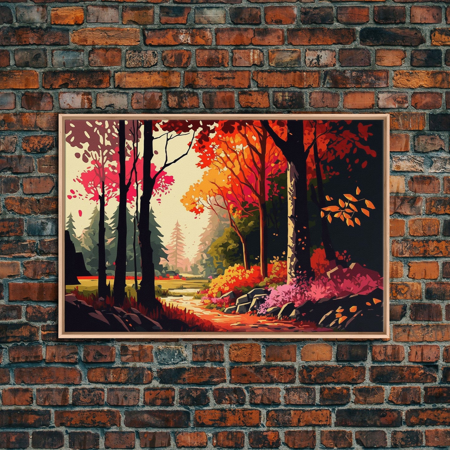 Pop Art Style Fall Forest Landscape, Framed Canvas Print, Unique living room wall art, above sofa art, Color Pop forest art