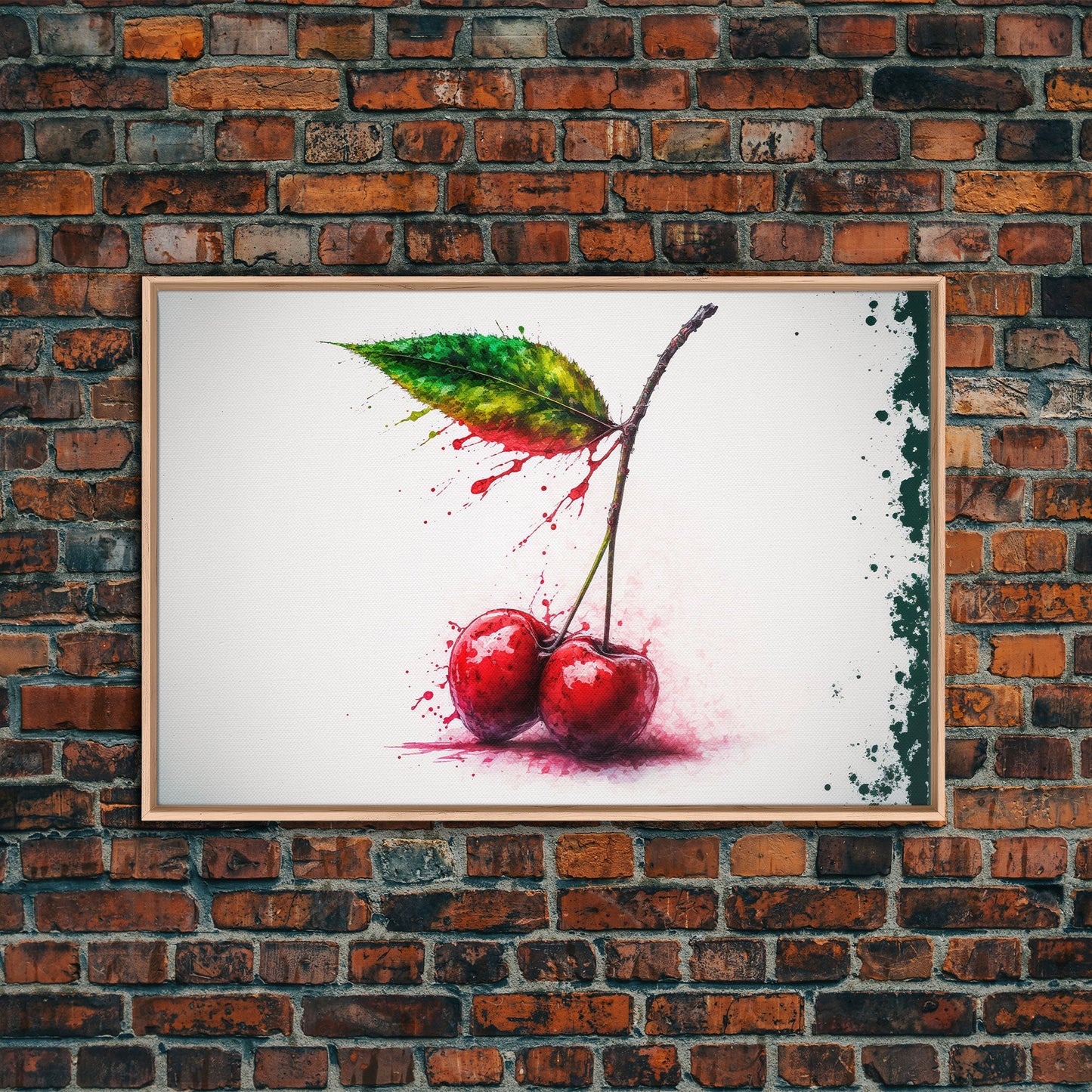 Watercolor Cherry, Still Life Paint Splatter Art, Framed Canvas Print, Fruit Art, Cherries with Stems Watercolor Painting