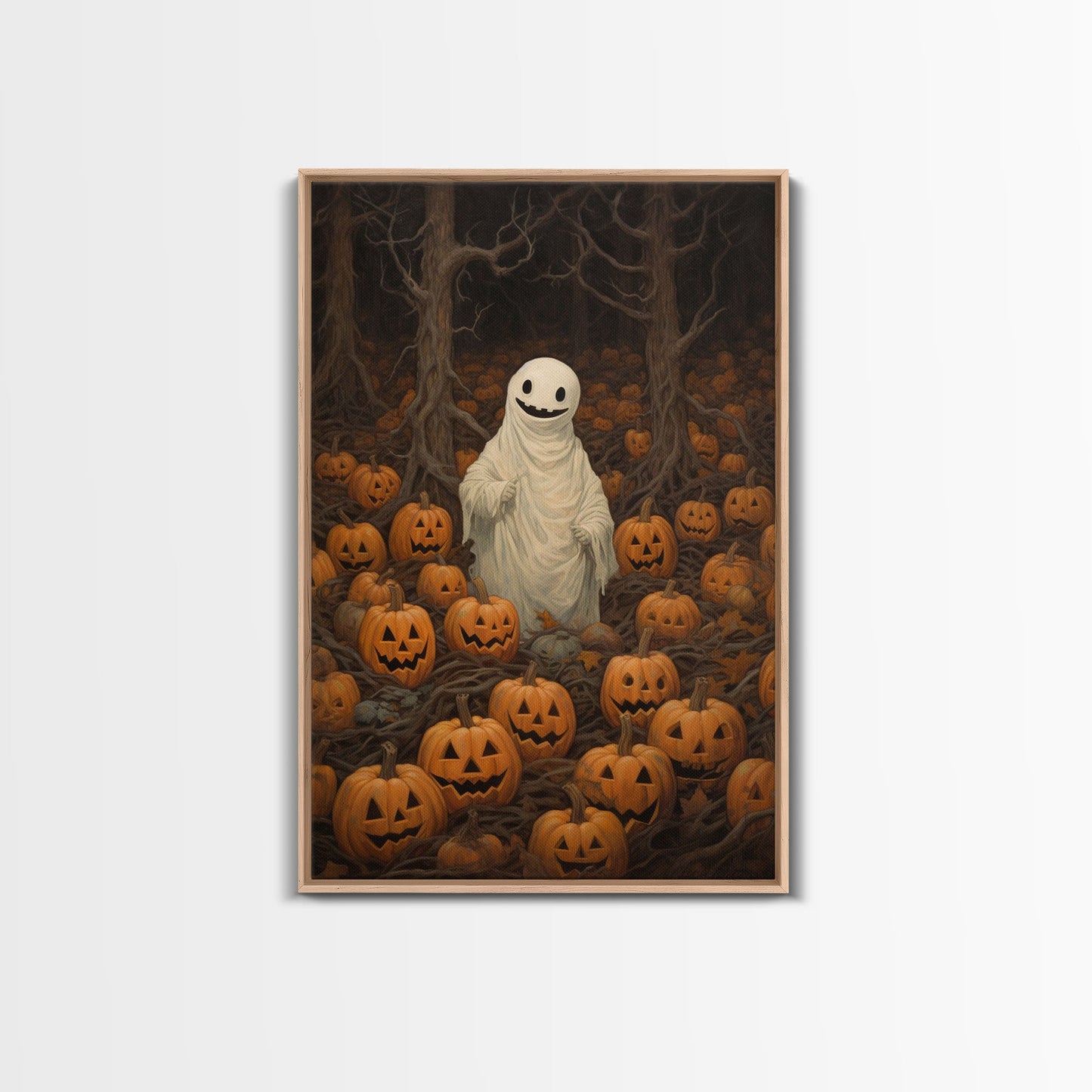 Fall Omens - Spooky Ghost In A Pumpkin Patch, Halloween Decor, Fall Art, Framed Canvas Print, Spooky Halloween Decor