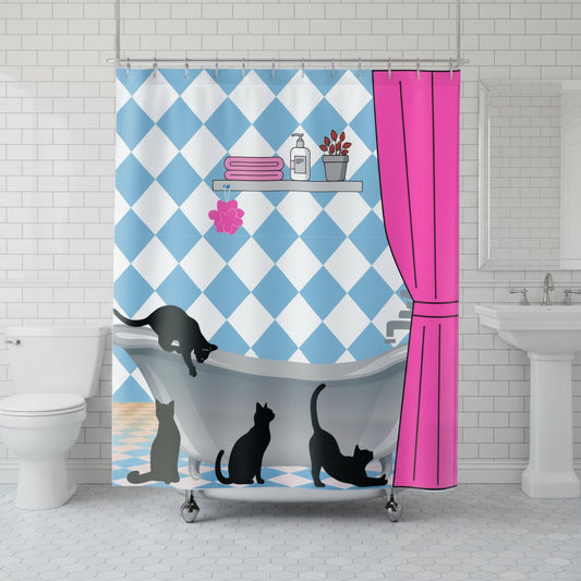 Curiosity in the Clawfoot Cat Shower Curtain