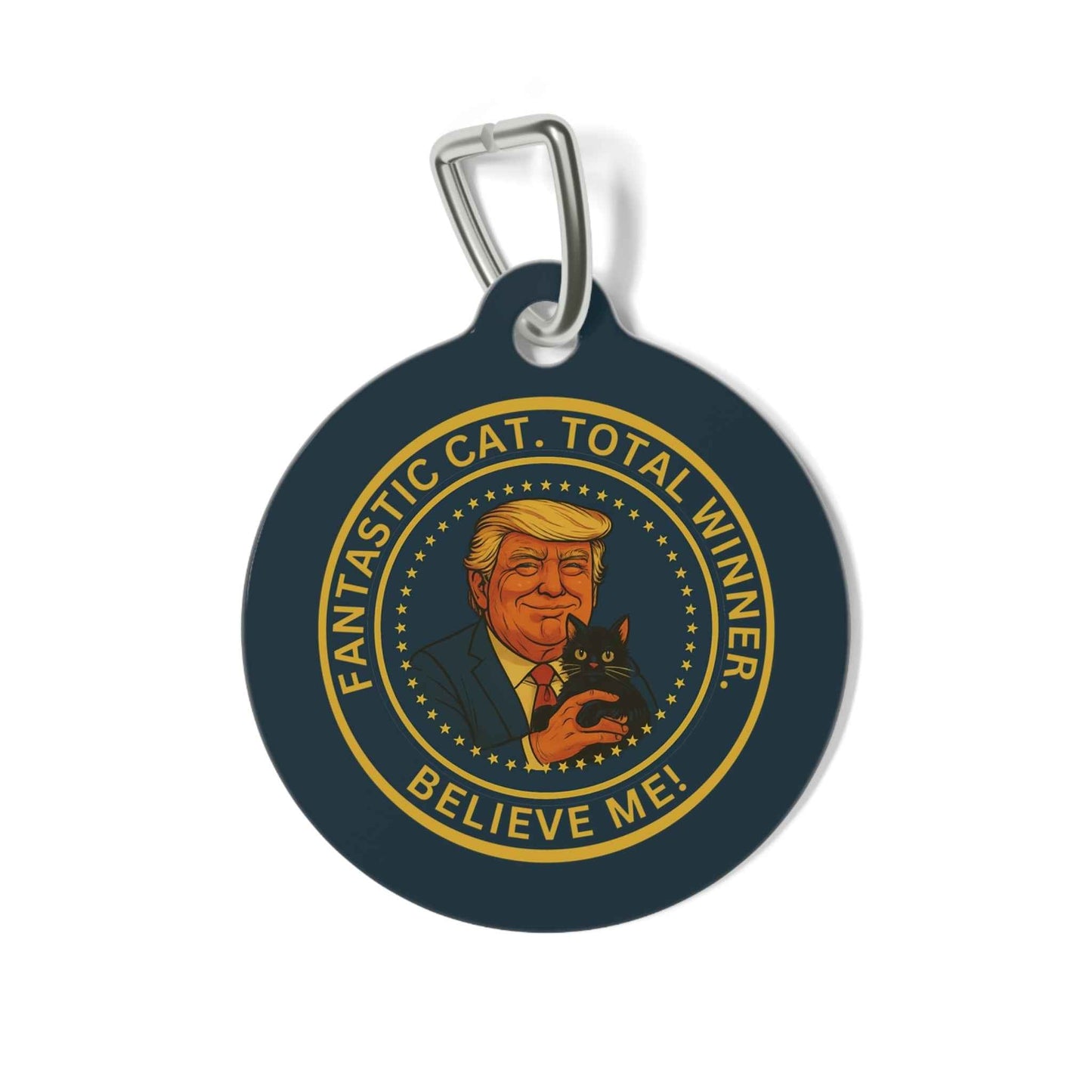 Political Parody Cat Collar Tag – “Fantastic Cat. Total Winner.”