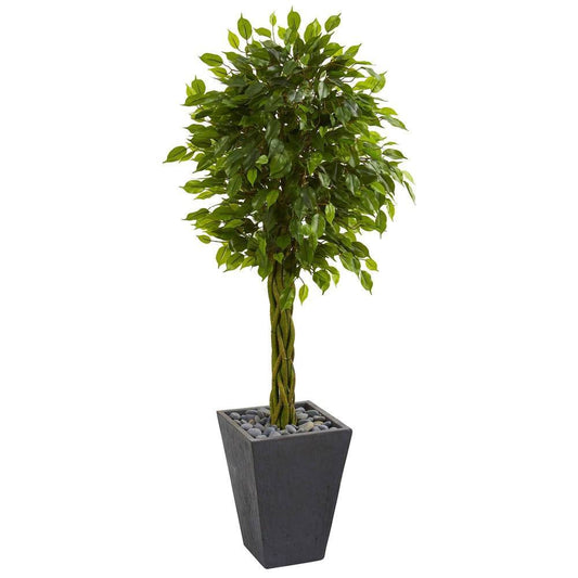 5'Braided Ficus Artificial Tree in Slate Planter UV Resistant (Indoor/Outdoor)