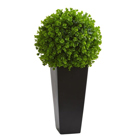 23" Eucalyptus Artificial Ball in Black Tower Planter