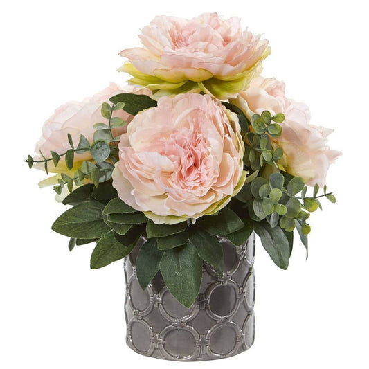 13" Peony and Eucalyptus Artificial Arrangement