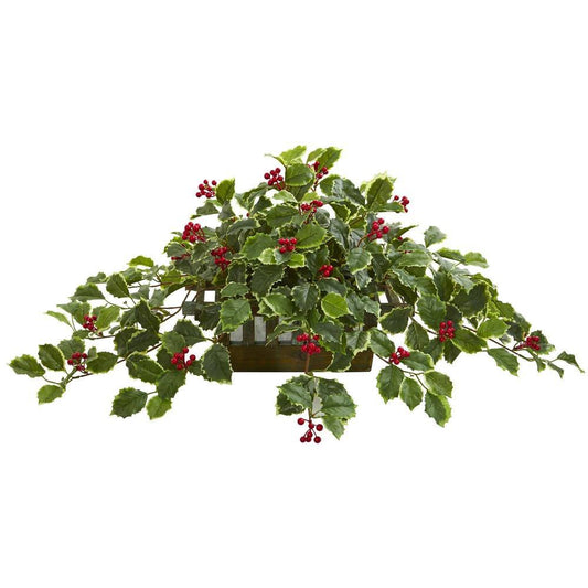 37" Variegated Holly Leaf Artificial Plant in Planter (Real Touch)