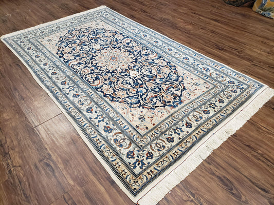 Persian Nain Rug 4x6, Ivory and Blue, Hand-Knotted, Wool & Silk