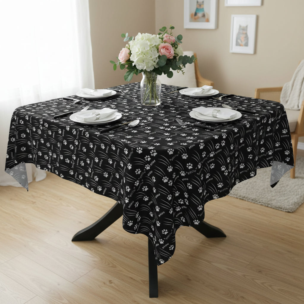 “Black & White Meow Trails” Square Tablecloth