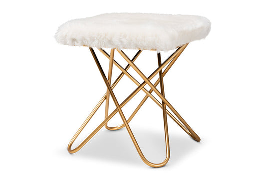 Baxton Studio Valle Glam and Luxe White Faux Fur Upholstered Gold Finished Metal Ottoman