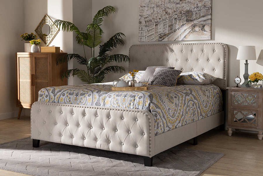 Baxton Studio Annalisa Modern Transitional Beige Fabric Upholstered Button Tufted King Size Panel Bed