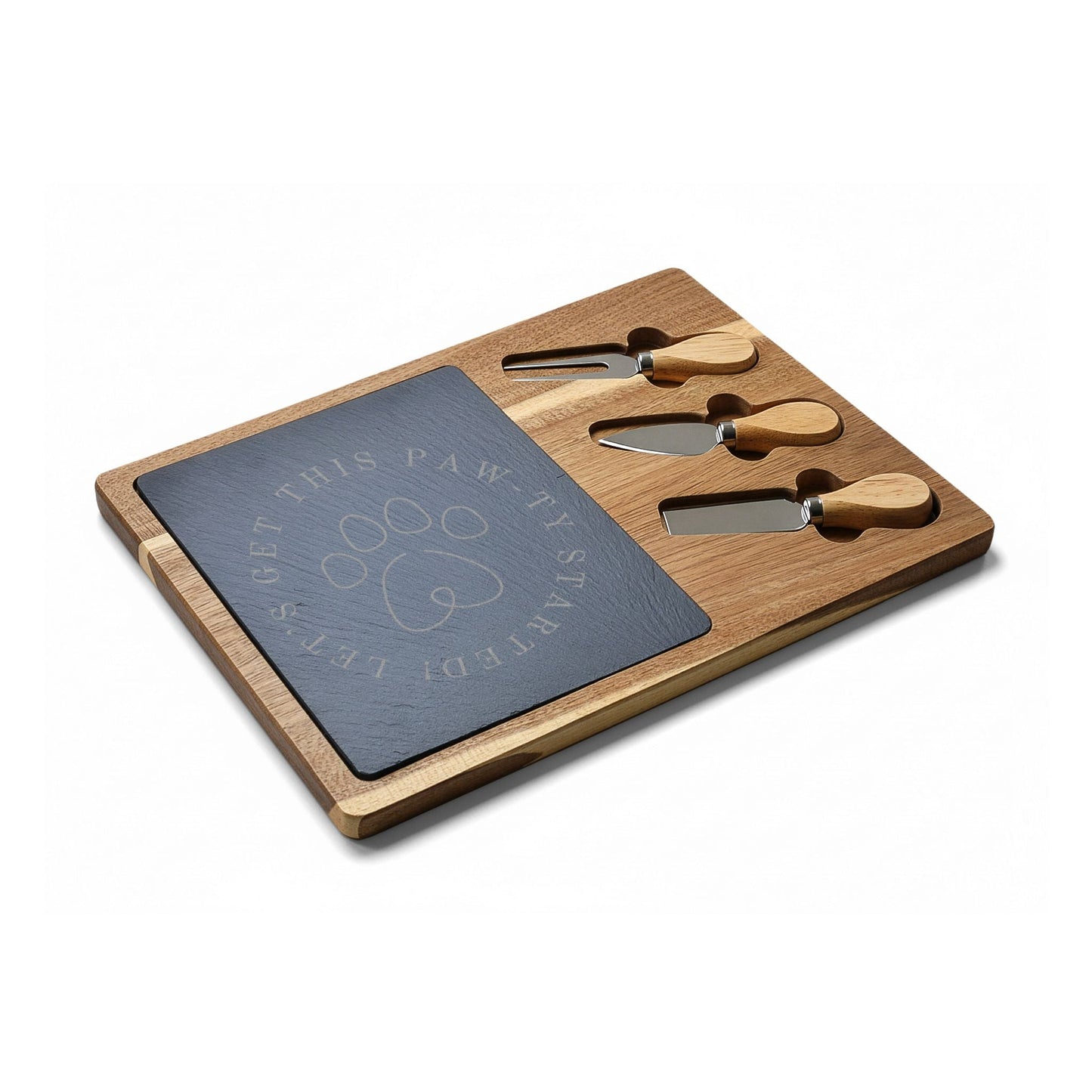 Get this Paw-ty Started Engraved Charcuterie Board